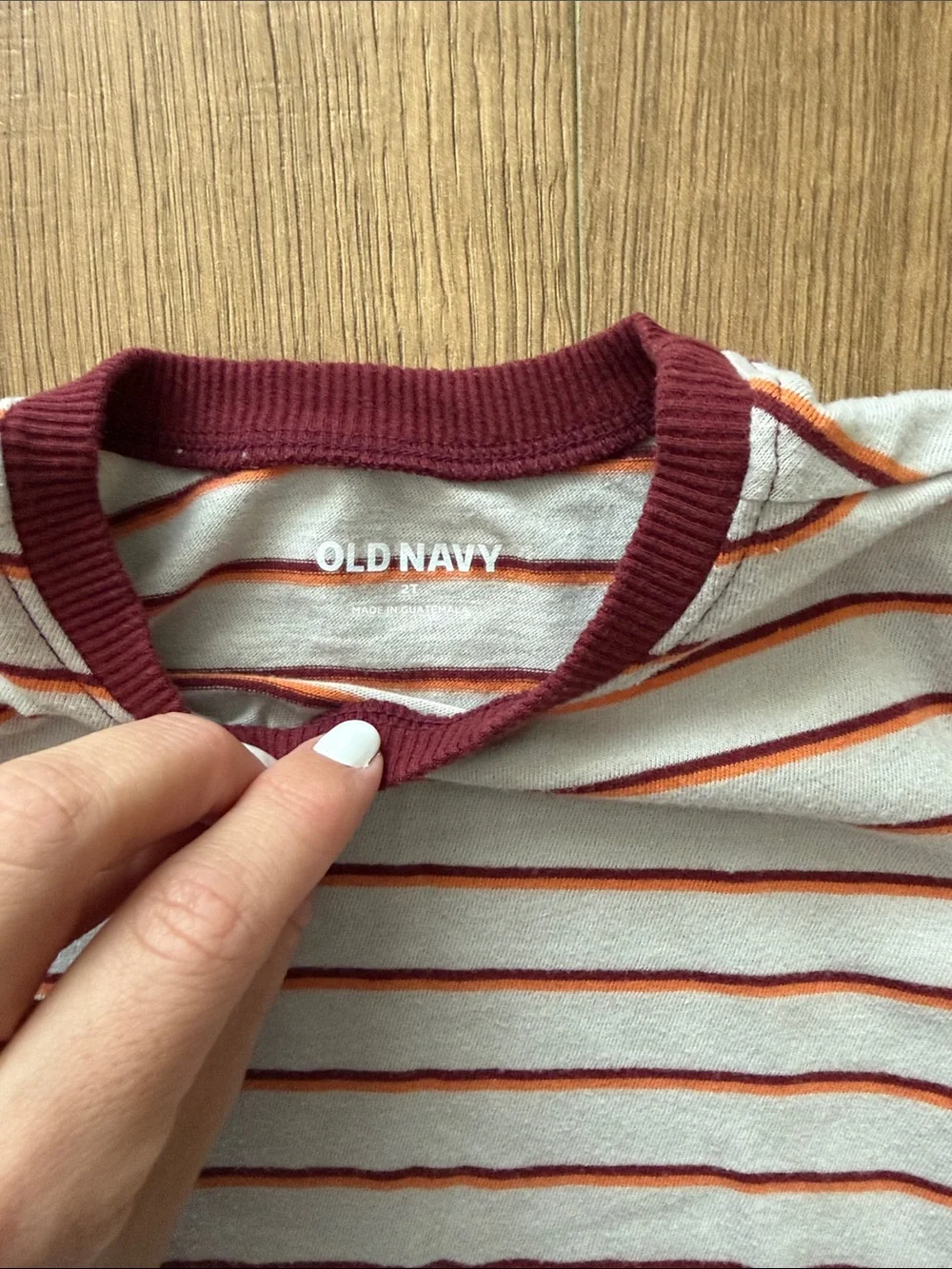 Size 2T Old Navy White Tee with Burgundy Stripes and Trim - Long Sleeve